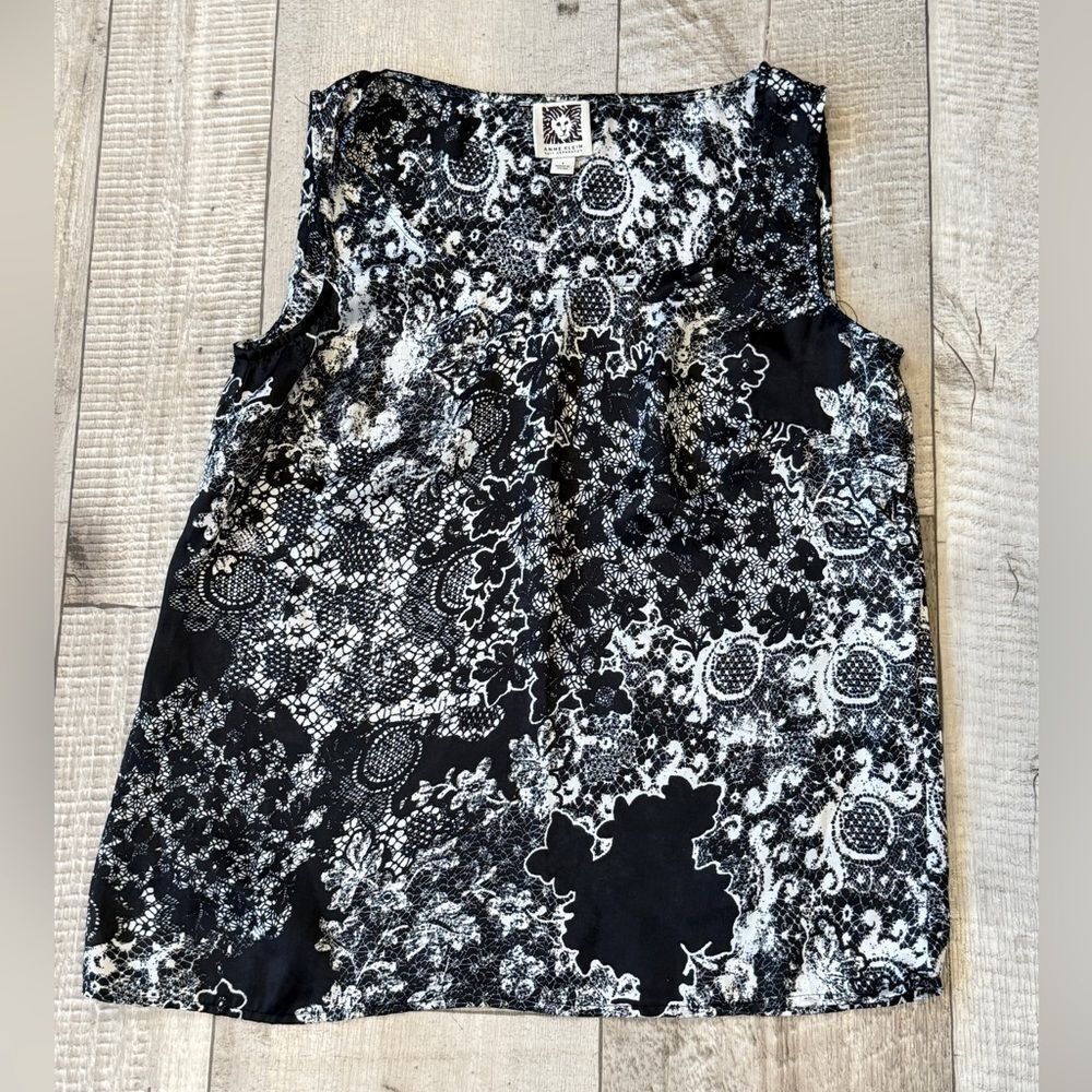 Anne Klein Black White Floral Lace Print‎ Sleeveless Shell Blouse Small